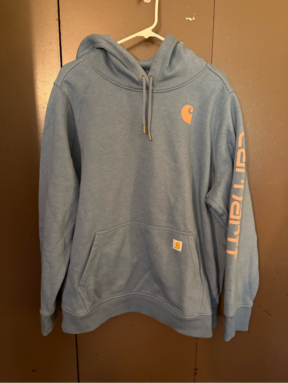 Carhartt Men’s Light Blue Crewneck Hoodie with Pink Logo Accents